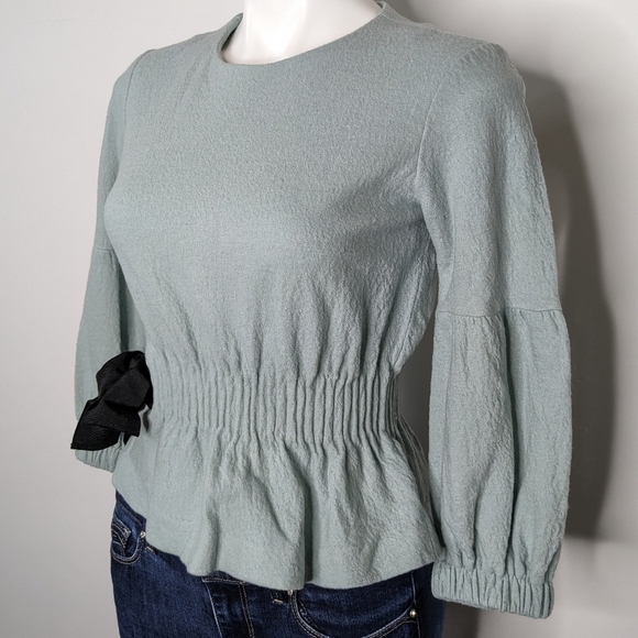 Mignon Doo blue wool blend tie waist long sleeve top XS - Picture 2 of 9